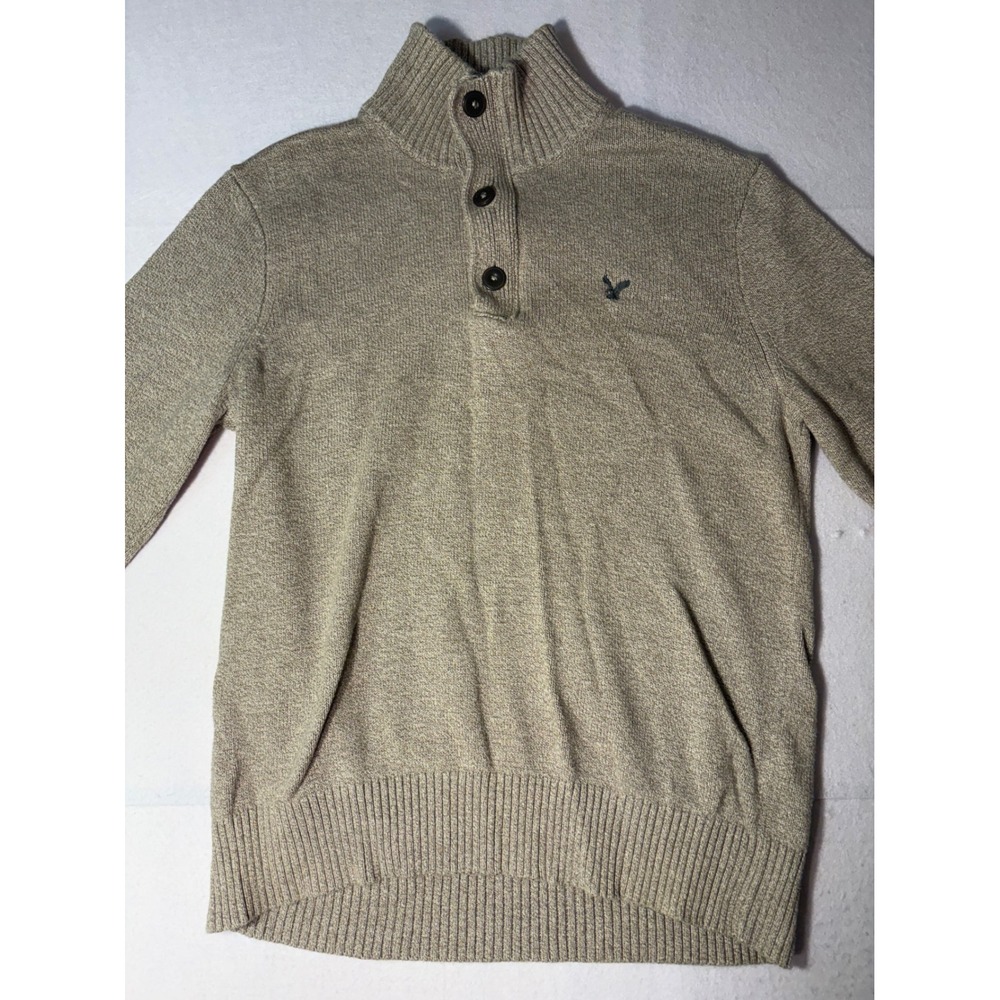American Eagle Mens Athletic Fit Mock Neck Button Quarter Zip Sweater Tan Large